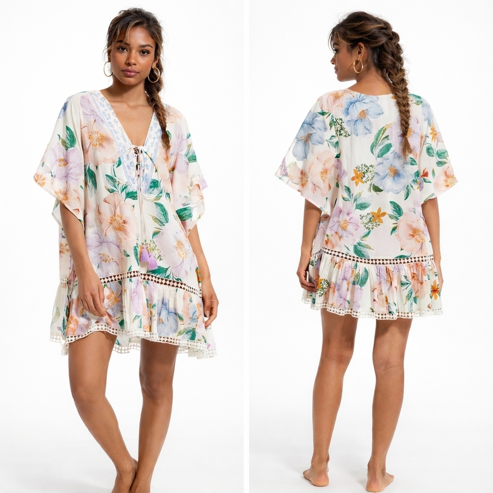 Nwt Anthropologie Z&L Cover-up Top Mini Sun Dress Crochet Floral Tunic Cotton